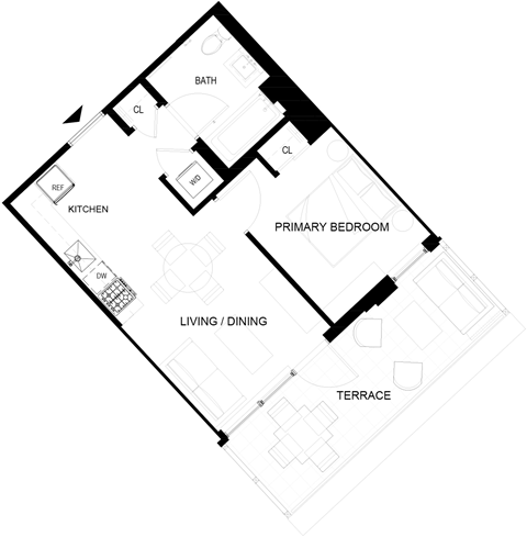 Floor plan for 1 bed, 1 bath, 443 sqft